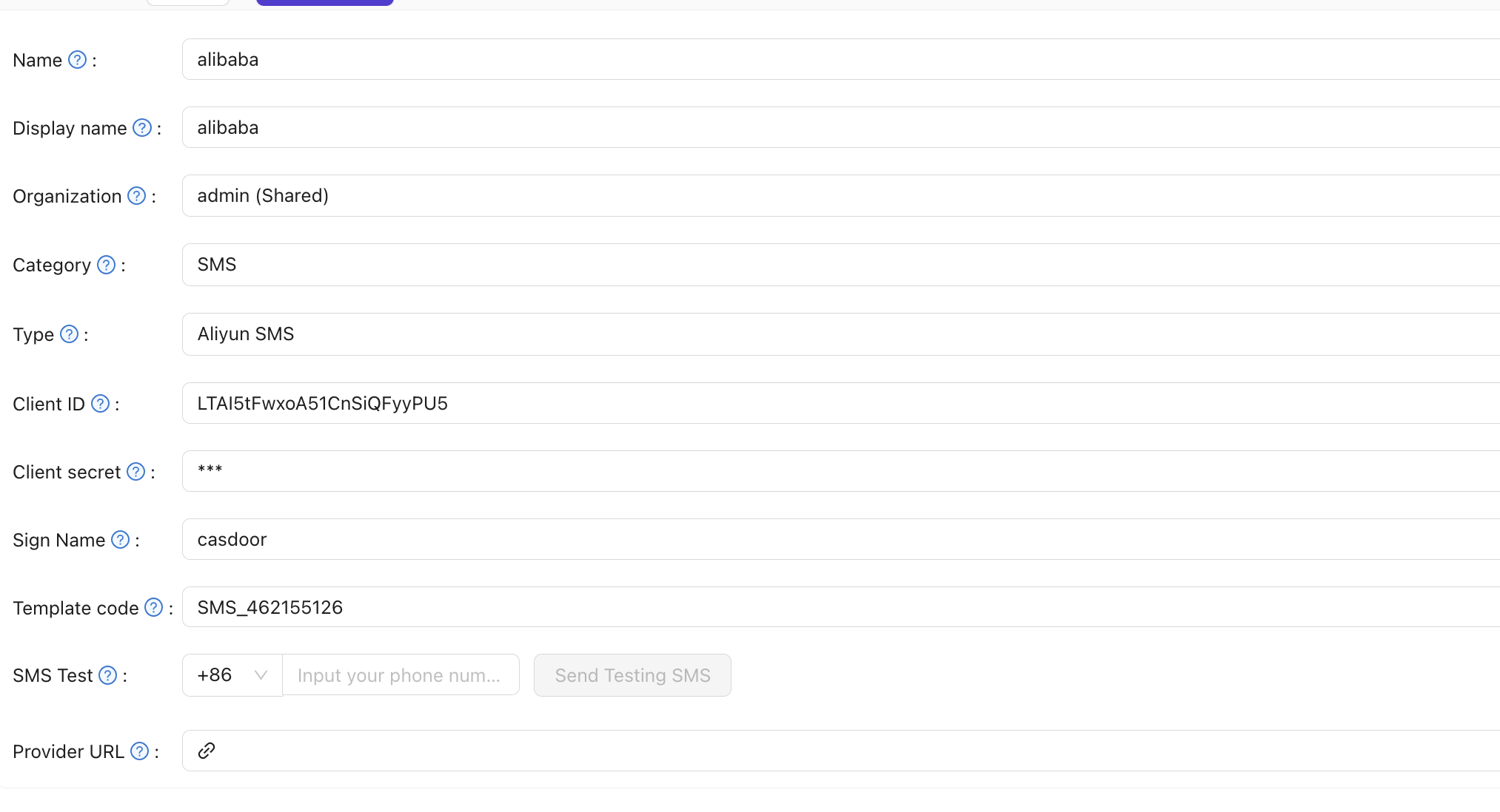 Alibaba Anbieterkonfiguration