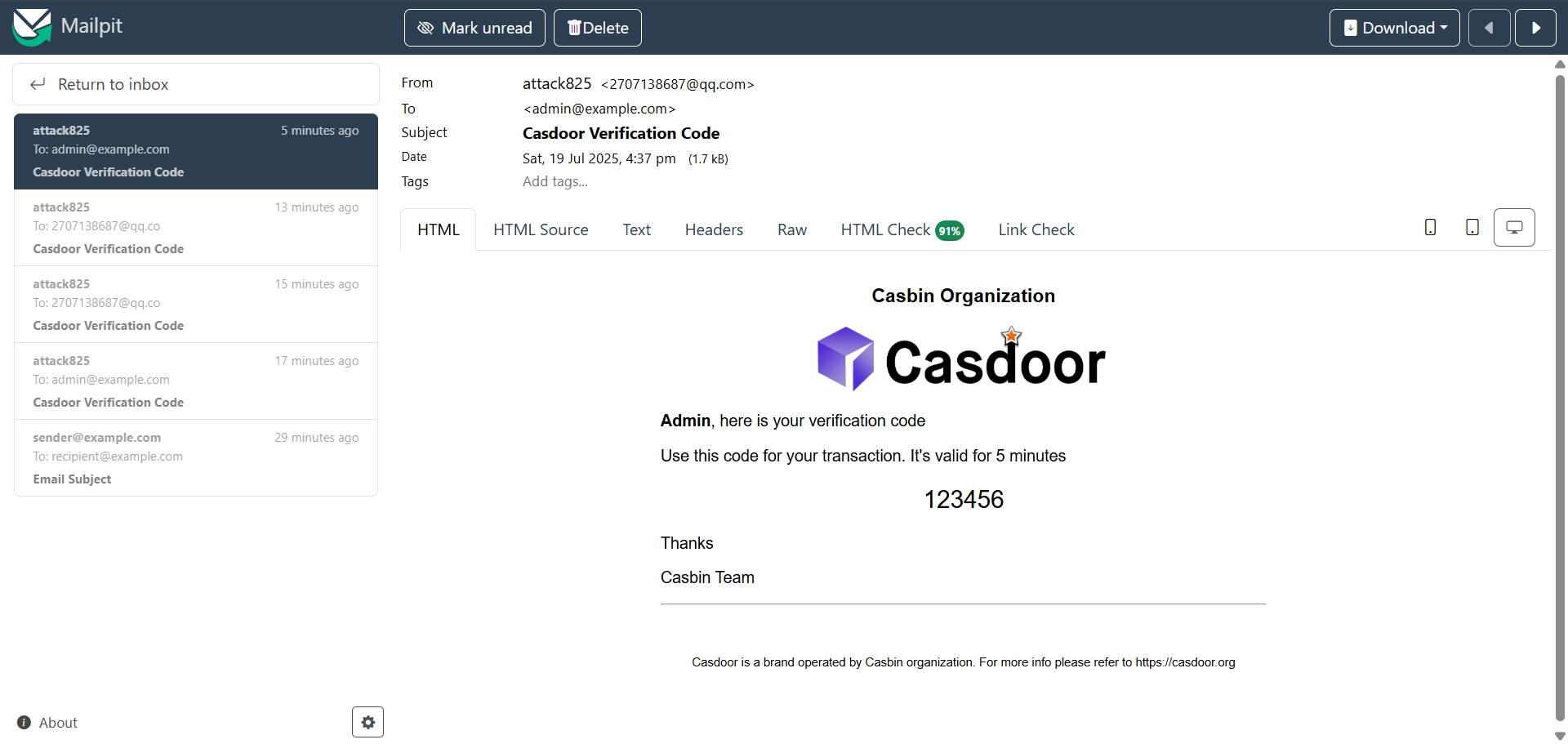 Receiving a test email using Mailpit