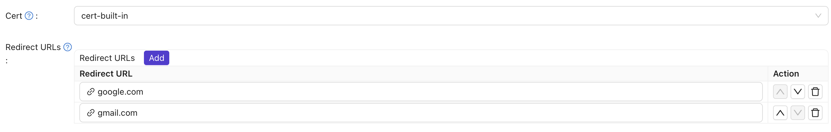 Sélectionnez le certificat et ajoutez des URL de redirection