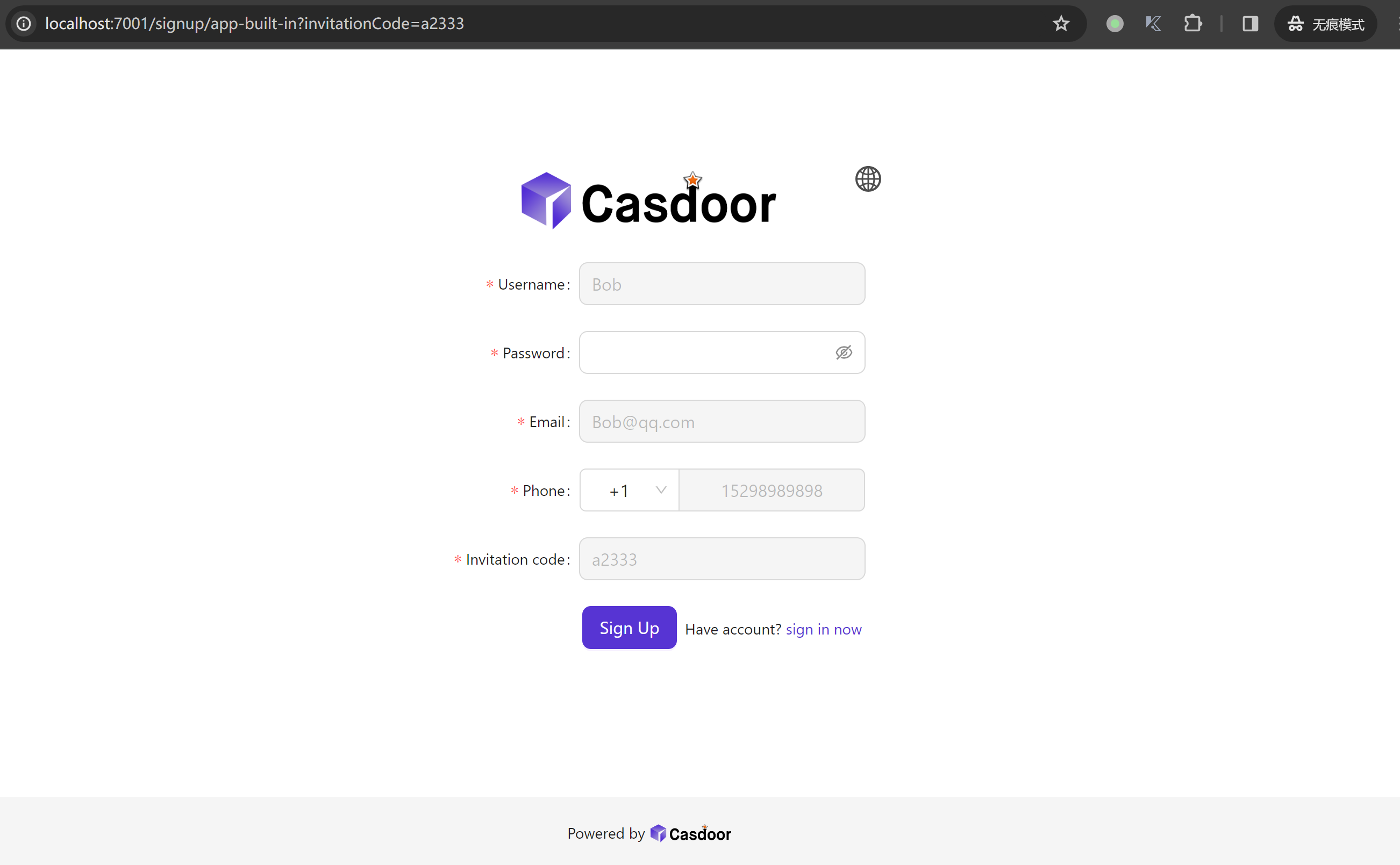 Página de registro correspondente ao link de convite